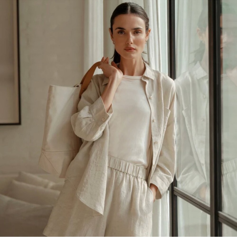 Jenni Kayne Beige Linen Tote with Black Label